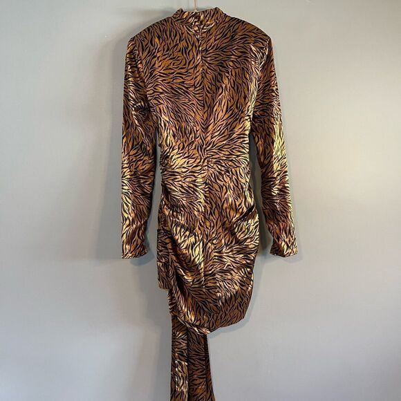 Likely Khaleesi Animal Print Long Sleeve Ruched Tie Mini Dress | SZ 2 | Gold - Picture 7 of 12